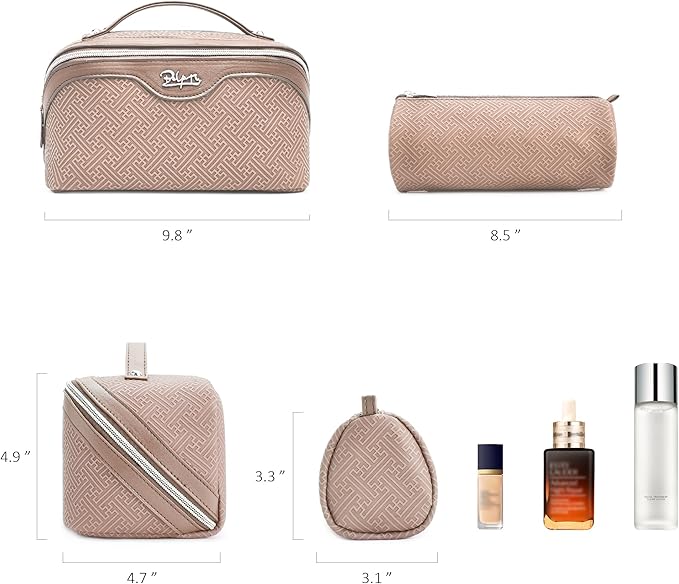 BOYATU Travel Makeup Bags for Women: Vintage Roman Column Texture Large Capacity Cosmetic Bag - Each Journey, Quiet Luxury Serenity - 3 Pcs Set Organizer Toiletry Purse 50% Extra Storage(Beige)