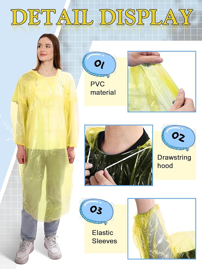 40 Pack Disposable Rain Ponchos for Adults Disposable Ponchos Pack with Drawstring Hood Elastic Sleeves Raincoat for Camping