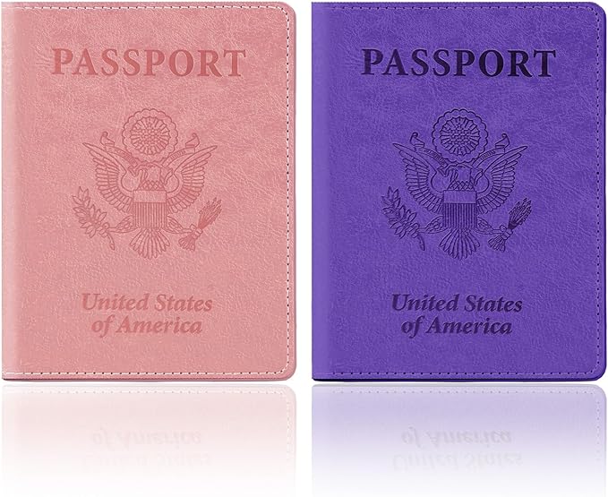 Passport Holder for Travel, 2 PCS Passport Holder, Travel Passport Holders Must Haves for Women Men, Pink and Purple Passport Cover Passport Wallet Case Holders for Travel Cruise Ship Essentials Gifts