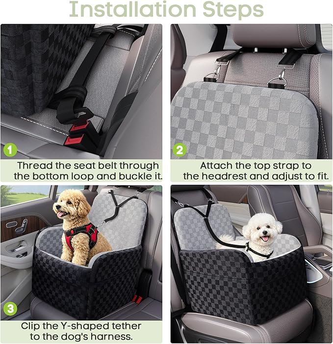 Waterproof Dog Car Seat for Small/Medium Dogs up to 26 lbs, Memory Foam Booster Seat Elevated 6in, Pet Car Seat with Removable Washable Cover, Y-Shape Safety Belt and Storage Pockets