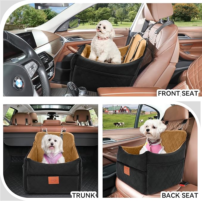 GL GLENSLAVE Dog Car Seat for Small/Medium Dogs, Dog Booster Car Seats with Thick Cushion for Dogs Under 35lbs, Detachable Washable Pet Carseat with Storage Pockets, 2 Safety Belts(Black/Coffee)