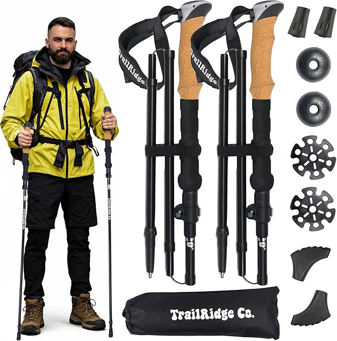 Trekking Poles (2-Pack) – Lightweight Aircraft-Grade Aluminum Hiking/Walking Sticks, Quick-Lock Adjustable with Cork Handles for Men & Women