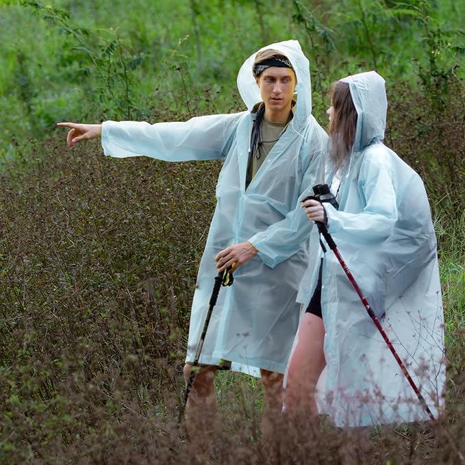 Rain Ponchos for Adults Reusable Rain Coats with Hood and Drawstring Thicken Ponchos Waterproof for Women(Light Blue)