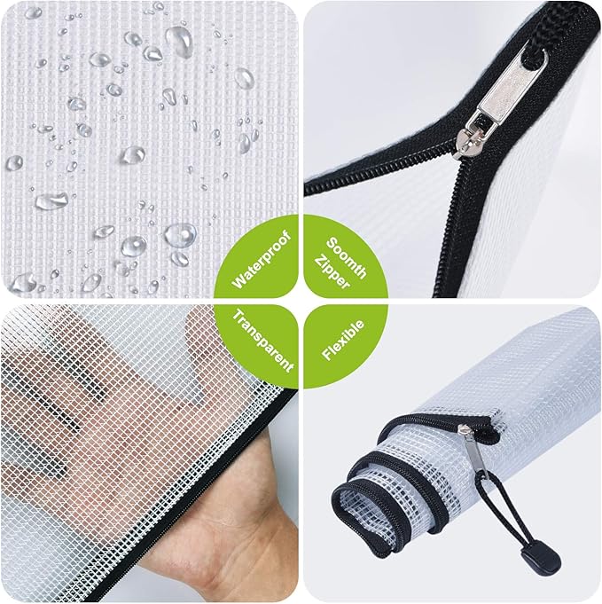 Mesh Zipper Pouch, 6PCS Waterproof Plastic Mesh ZipperBag, B5 Size Tear-Resistant Document Pouch, Extra Large Zip File Bags, for School Office Supplies Home Travel Storage(11.26×7.9 Inch)