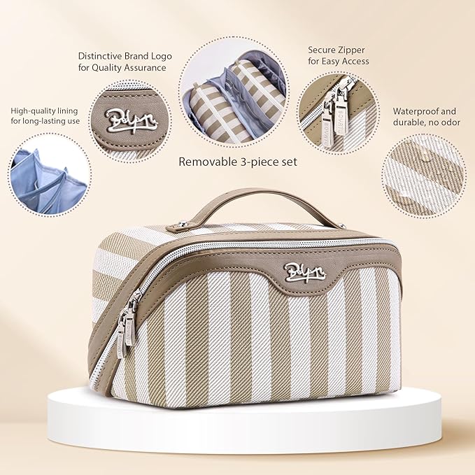 BOYATU Travel Makeup Bag Cosmetic Bag for Women: 3 Pcs Set Striped Make up Bag with Compartment - Waterproof Vegan Leather Toiletry Bag with Handle - Makeup Organizer for Travel Essential(A-6-Apricot)