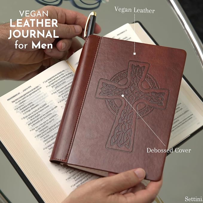 SETTINI® Lined Journal - Celtic Cross Journal for Writing Gift Set - Hardcover Vegan Leather, Includes Luxury Pen in a Unique Pen Holder, 192 Pages, A5, Fathers Day Gift, Bible Journal, Journal for Men & Women