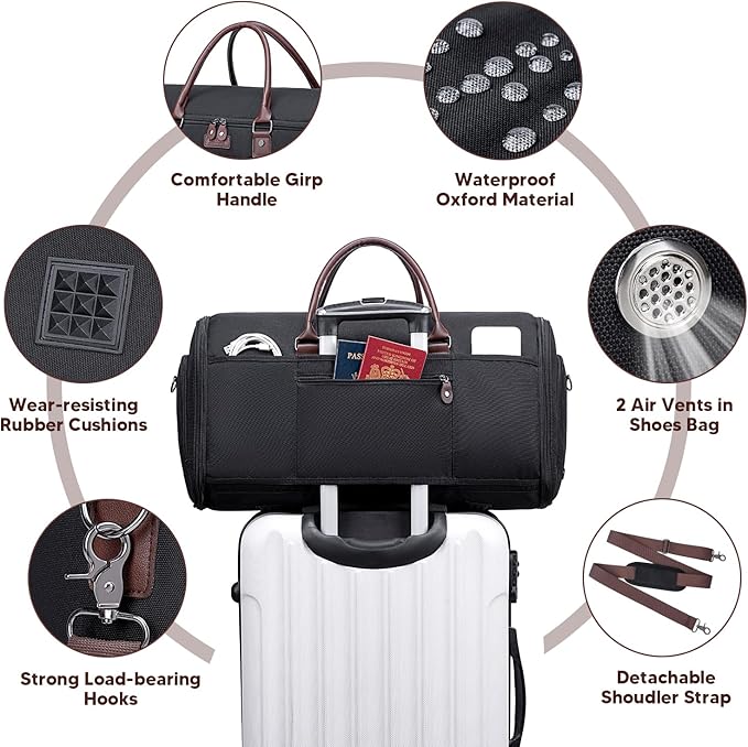 Carry on Garment Bag,Vessgra 2 in 1 Duffle Bag for Travel Convertible Garment Duffel Bags for Men Women Inner Dry/Wet Compartment Suit Bag Travel with Shoe Compartment Bussiness Weekender Trip,Black