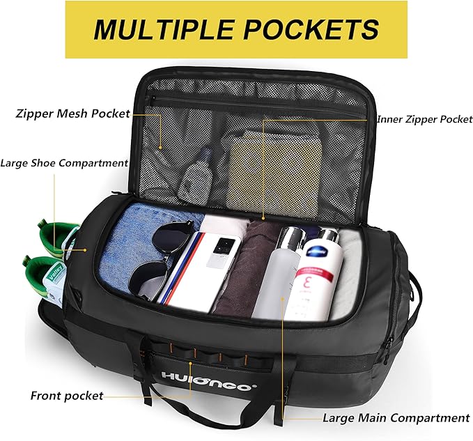 Hulongo 40L/60L/90L Large Waterproof Duffle Bag Backpack for Men, Mens Duffel Backpack Bags for Traveling, Heavy Duty (Black, 60L)