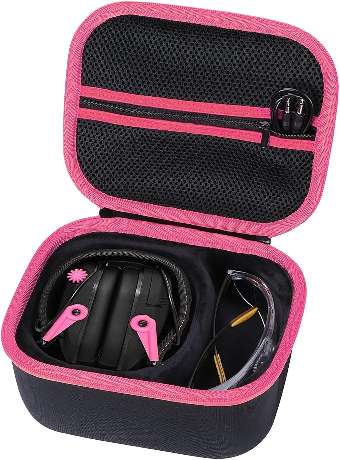Lebakort Storage Case Compatible with Walkers Razor Slim/Howard Leight Honeywell Impact Sport/PROHEAR 066 030 Electronic Shooting Earmuffs Hearing Protection Muffs (Black + Pink Case)