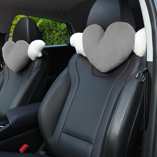 2 Pack Heart Shaped Cute Car Headrest Pillow with Angel Wings - Comfortable Soft Head Rest Cushion Kawaii Car Accessories Neck Pillow for Driving Travelling Office Home Decor - Grey Love Heart