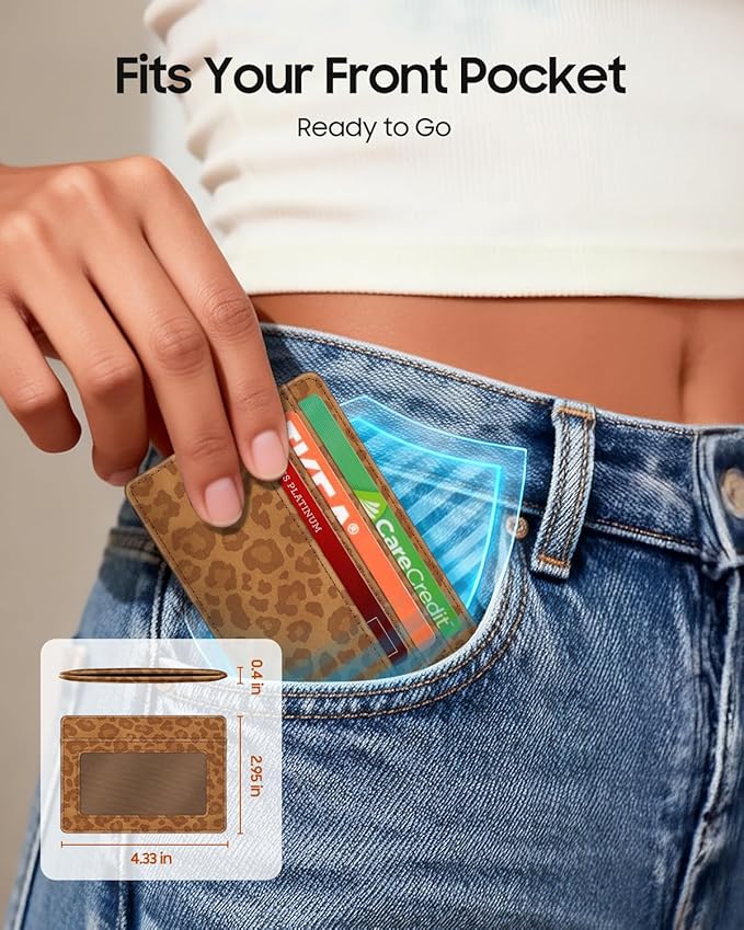 FINTIE Slim Minimalist Front Pocket Wallet, RFID Blocking Credit Card Holder Card Cases with ID Window for Men Women, Leopard print