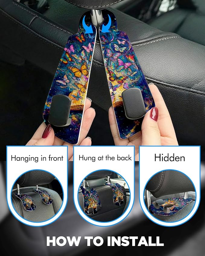 WOCOCN Purse Holder for Car, 2 Pack Heavy Duty Purse Hanger for Car, PU Leather Car Seat Hooks for Purses and Bags, Cute Butterfly Headrest Organizer for Handbags & Backpacks