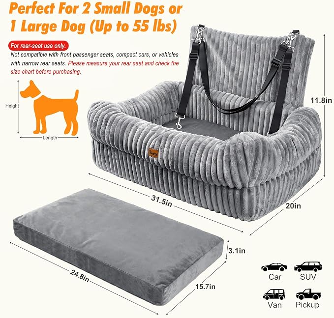 Pawaboo Dog Car Seat, Dog Booster Car Seats with Memory Foam, Thickened Cushion & Washable Removable Cover, Pet Travel Carseat Bed with Safety Leashes for Medium/Large Dogs or 2 Small Dogs, Gray