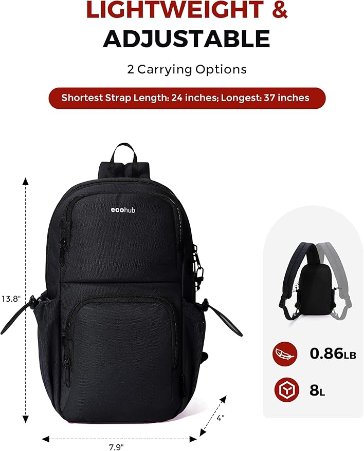 ECOHUB Crossbody Bags for Women Men, Anti-Theft RFID Blocking Sling Backpack Water Resistant Chest Shoulder Daypack, Black
