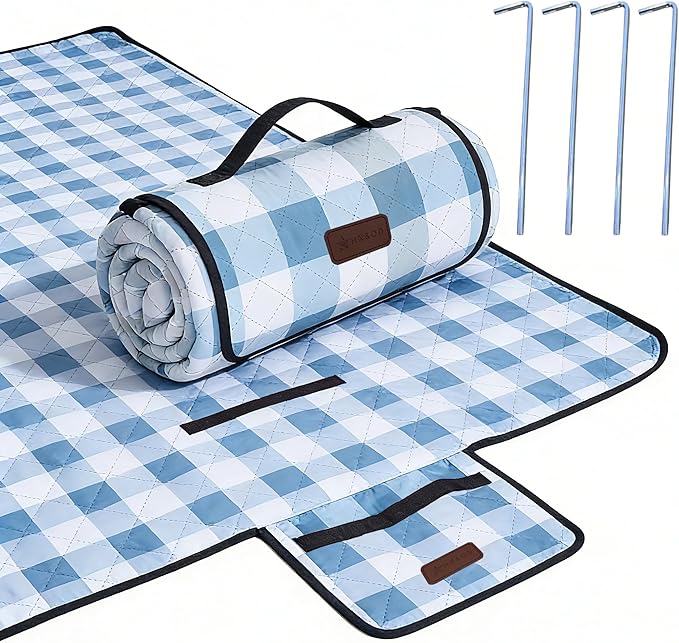 HX&OD Outdoor Picnic Blanket, Extra Large, 80''x60'' Waterproof Foldable Blankets Gingham Picnic Mat for Beach, Camping Grass Lawn Park Accessories Cute Couple Ideas Wedding (Coffee Color, 80”x60”)