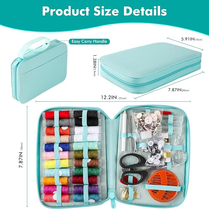 198pcs Sewing Kit for Adults Portable Travel Sewing Set,Dorm Room Essentials for Girls, Including Emergency Repair Tools Such as Needle and Thread, Scissors, Marker pens Needle and Thread kit (Mint)