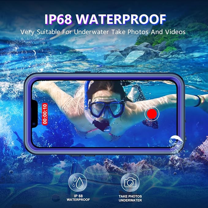 Compatible with iPhone 14 Case Waterproof, Built-in Screen & Camera Protector IP68 Underwater Full Body 14FT Military Dropproof Shockproof Phone Case 6.1"-Purple/Clear