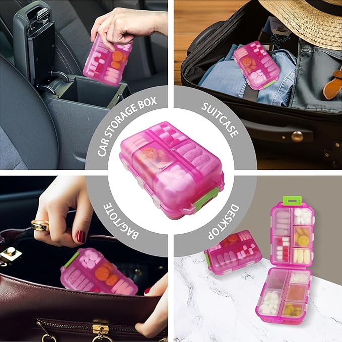 iouwei Large Pill Organizer with Medicine Labels - 7 Day Travel Daily Container, Mini Medication Storage Case (Purple, 161 Labels)