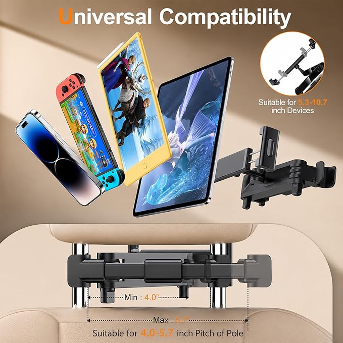 Tablet Holder for Car, 3 in 1 Extension Arm Adjustable Car Headrest Tablet Holder Road Trip Essentials Back Seat Tablets Cars Mount Compatible with iPad Pro, Air, Mini, 4.7-11" Devices