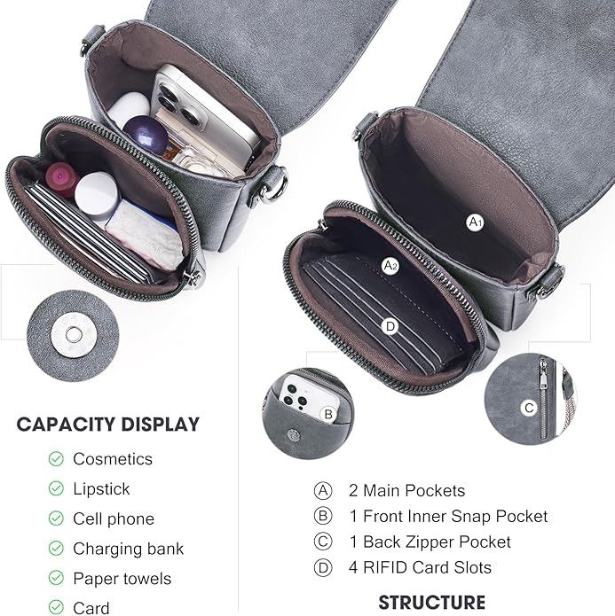 POIUGOYA Crossbody Bags for Women,Small Crossbody Purse with Triple Compartments,Cell Phone Wallet with Card Slots for Travel | Small