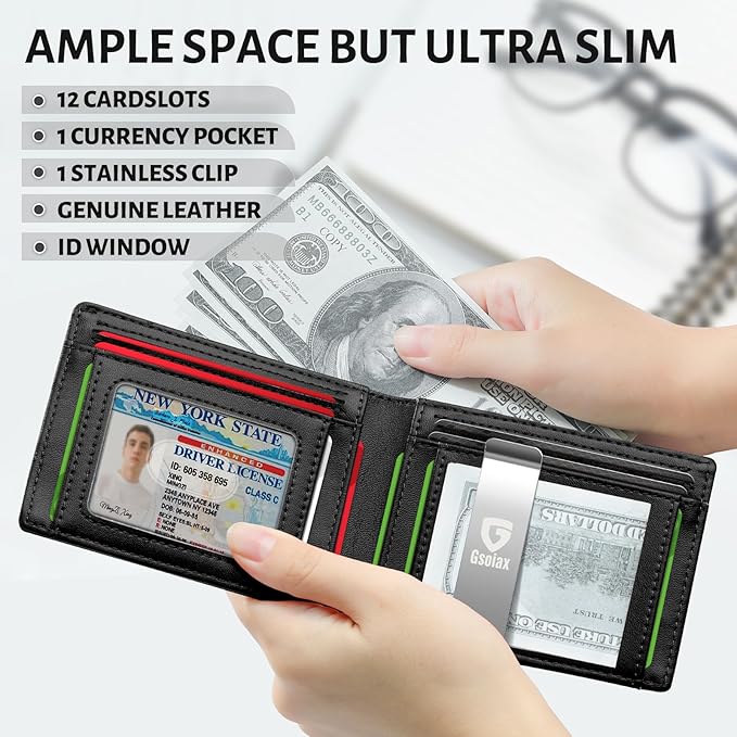 GSOIAX Slim Wallet for Men Rfid Blocking Leather Bifold Front Pocket Carbon Fiber Men's Money Clips Credit Card Holder With Gift Box