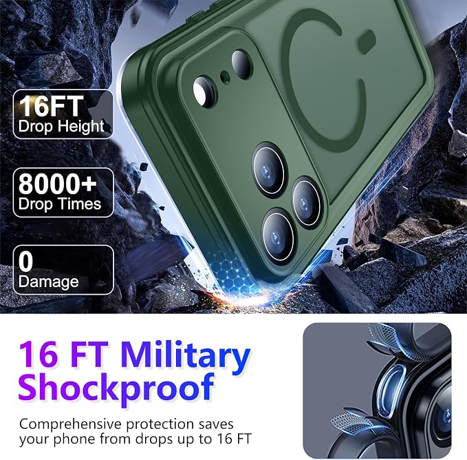 Magnetic Compatible with iPhone 17 Pro Max Case,Waterproof Built-in Screen & Camera Protector IP68 Underwater Full Body Military Dropproof Translucent Matte Phone Case 6.9"-Mag/Green