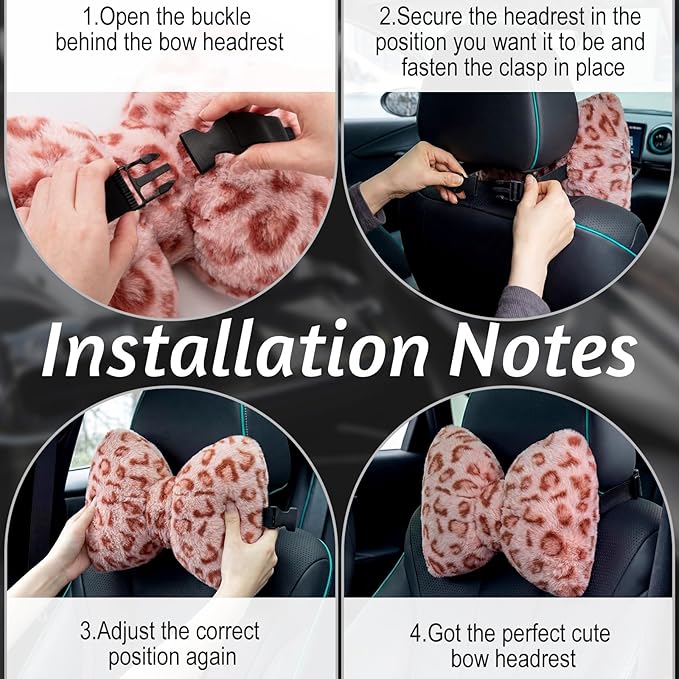 Macarrie 2 Pcs Car Neck Pillow Velvet Bow Headrest Pillow Soft Comfortable Seat Neck Support Cute Bow Car Accessories for Driving Travel Driver Chair Girl Style Interior Decor (Pink Leopard)
