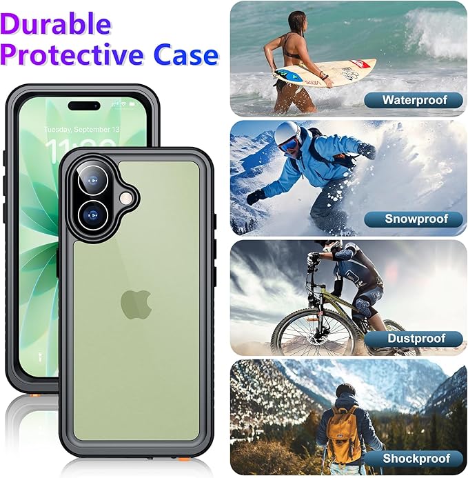 Compatible with iPhone 17 Case,Waterproof Built-in Screen & Camera Protector IP68 Underwater Full Body 17FT Military Dropproof Shockproof Phone Case 6.3"-Black/Clear