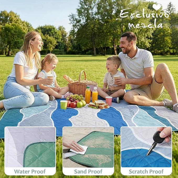 Exclusivo Mezcla Extra Large Waterproof Picnic Blankets 3 Layer, Sandproof and Foldable Outdoor Blanket for Beach Camping, Park and Travel