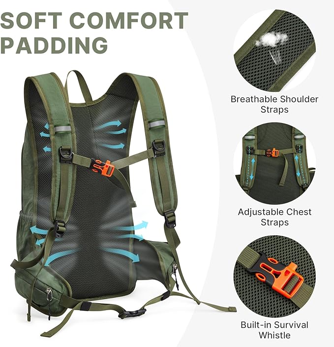 G4Free 20L Hiking Backpack with Waist Strap for Women Men, Lightweight Waterproof Daypack for Travel Camping Outdoor, Green