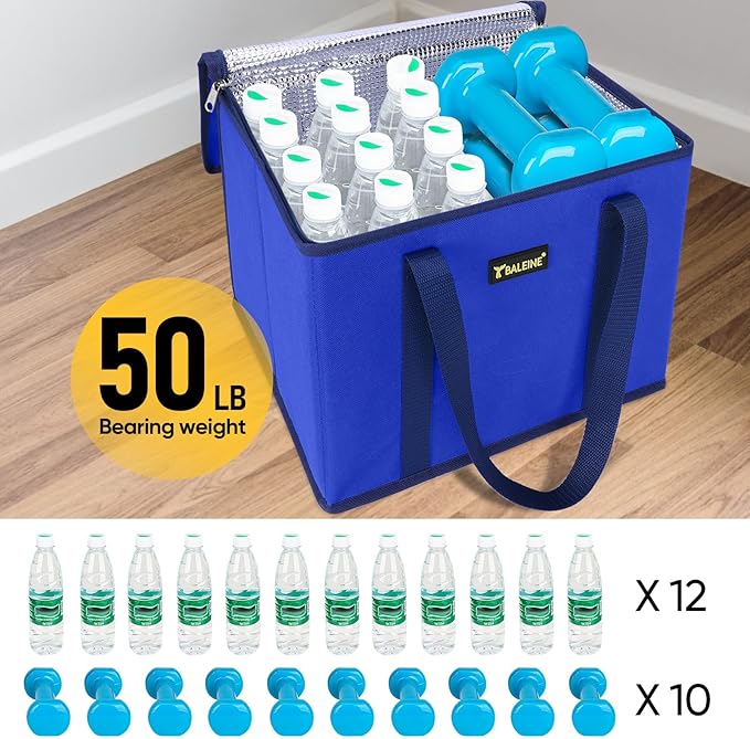 BALEINE 3Pk Insulated Reusable Grocery Bags, Foldable Shopping Bags for Groceries with Reinforced Bottom & Handles (Blue)