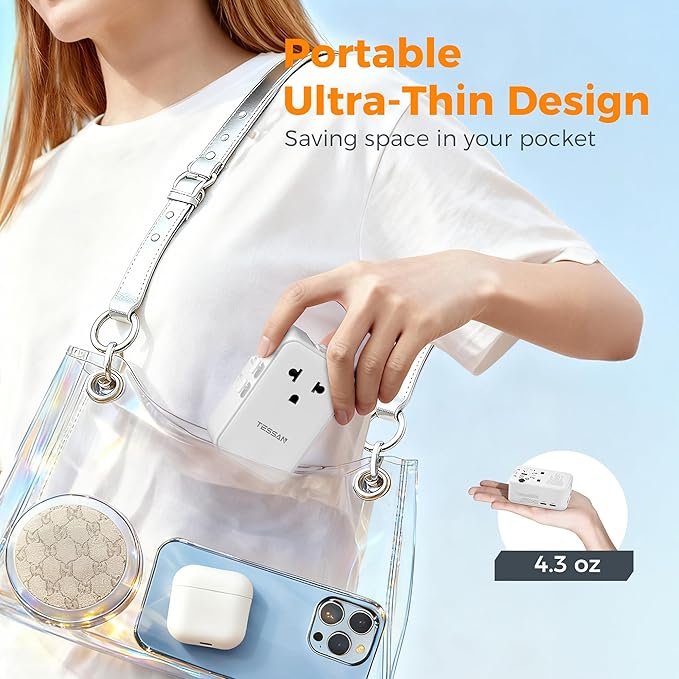 TESSAN Universal Travel Adapter PD 25W, International Power Adapter, Ultral Thin Universal Adapter with 2 USB A 2 USB C for US to European UK Australia Ireland(Type C G A I) White