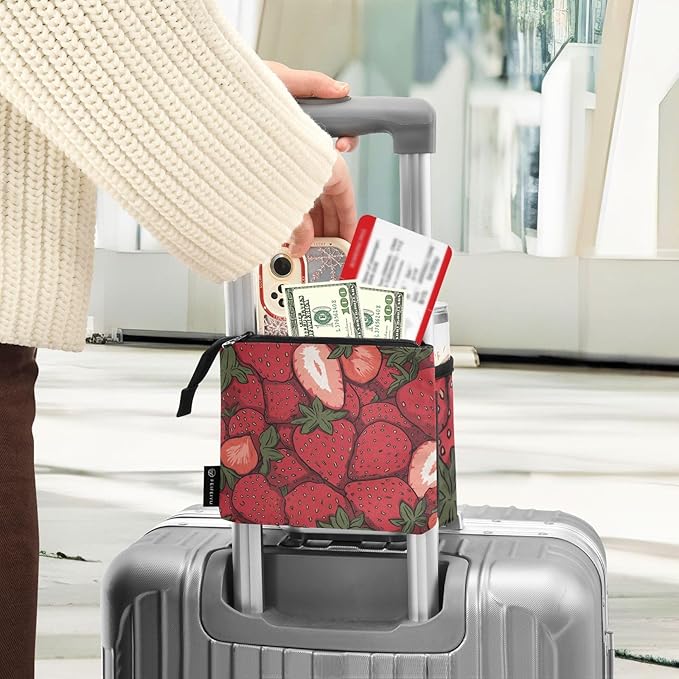 Luggage Cup Holder for Suitcases Free Hands Suitcase Cup Holder Travel Luggage Drink Holder Portable Luggage Cup Caddy Bag Carrier with Handle Cartoon Red Strawberry