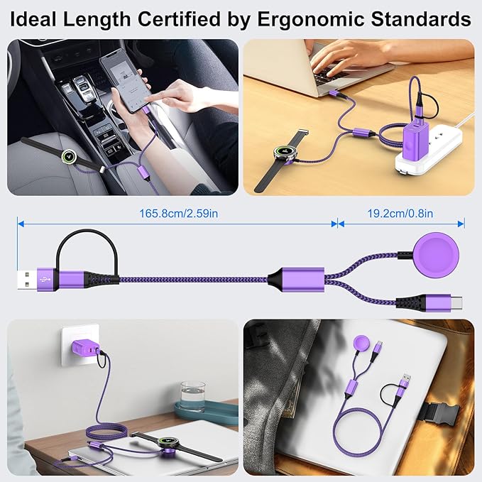 Travel Essentials 2 in 2 USB A/USB C Cable for Samsung Watch Charger, Multi Charging Cable Cord Compatible Galaxy Watch 8/8 Classic/7/Ultra/6/5 Pro/5,for Galaxy A17/A36/A56/Z Fold /S25 Android-6FT