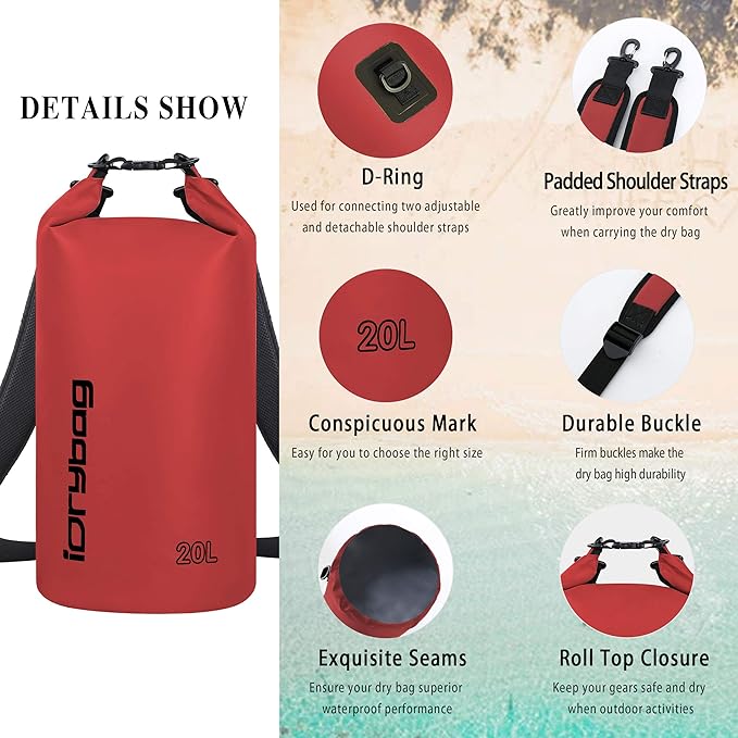 IDRYBAG Dry Bag for Kayaking Waterproof 2L/5L/10L/15L/20L, Small Dry Sack Waterproof Bag for Boating