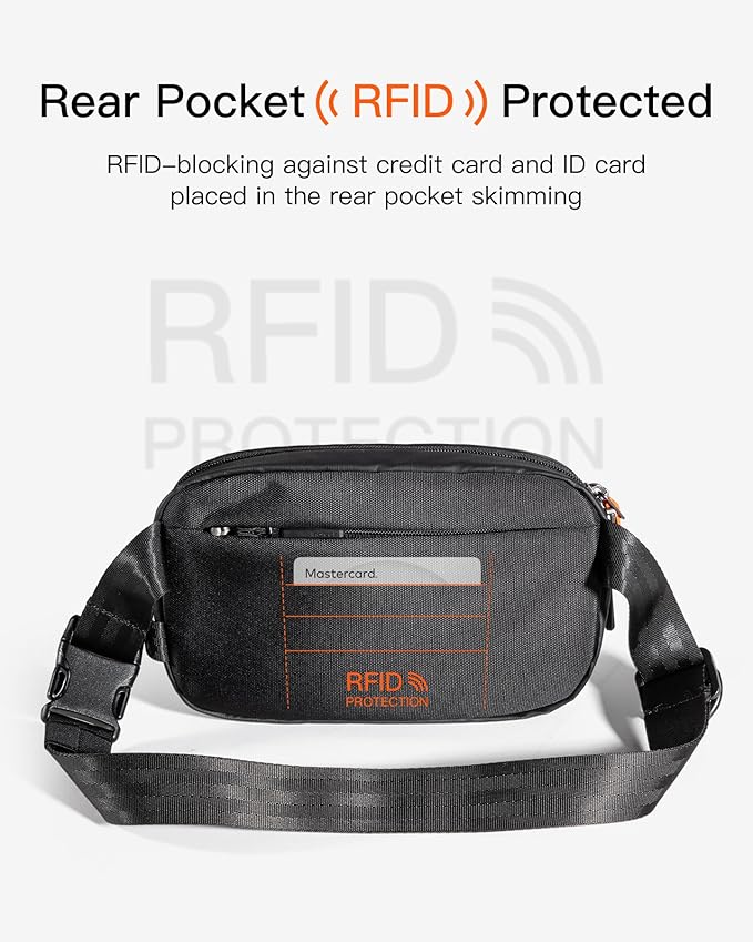 Inateck Sling Bag X-Mini, Durable Fanny Pack with RFID Blocking, Water-resistant Belt Waist Bag with Quick-adjust Strap, Stylish Waist Pack for Men, Women, Travel, Hiking, Cycling, Work, Sports, Black