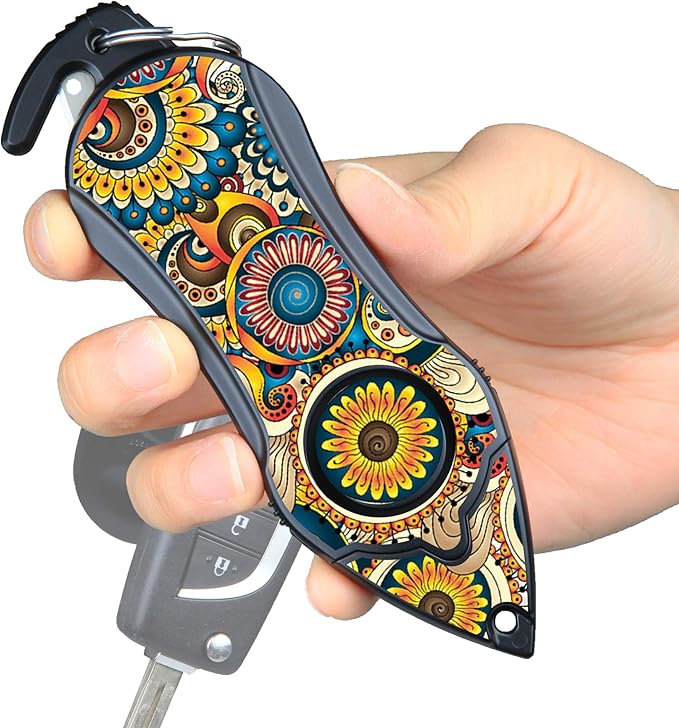 Stinger Personal Alarm Keychain Emergency Tool, Safety Panic Alarm Siren, Seat Belt Cutter, Glass Breaker, Security Device for Women Men Kid, Design in USA (Mandala)