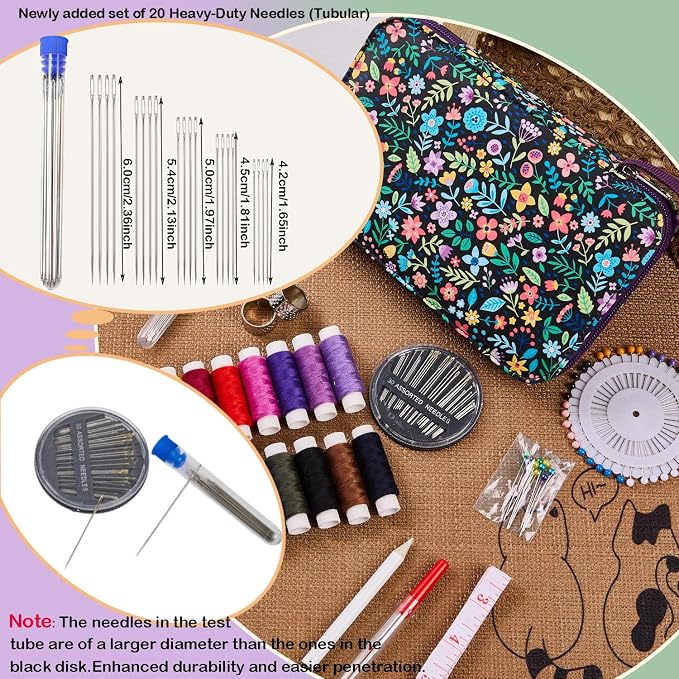 Bobode 130PCS Travel Hand Sewing Kit with Needle and Thread Set | Printing Floral Pattern Sewing Kit,Professional Basic Sewing Supplies for Adults,Emergency and Home Beginners