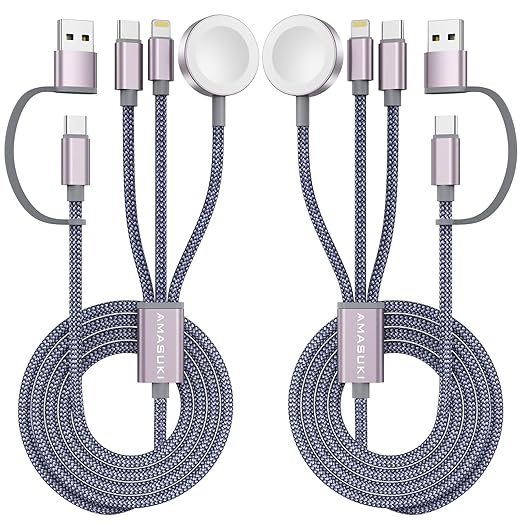 2Pack Travel Essentials,3 in 2 USB C Cable for Apple Watch Charger,iPhone Charger,Multi Charging Cable,Cruise Vacation Camping Essentials for iWatch Series 11-2/Ultra,iPhone 17-12,Car,Grey-6FT