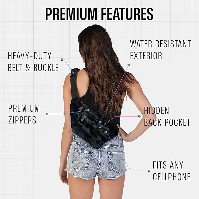 Black Camo Fanny Pack Belt bag - Crossbody Waist Bag for Men or Women - Hands-Free, Waterproof Large Bumbag for Hiking, Running, and Travel