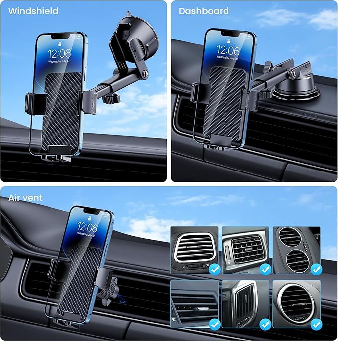 GUWEZ Phone Holders for Your Car [Military Grade Suction Ultra Strong Base] Cell Phone Car Holder 3 in 1 Dashboard/Windshield/Air Vent Hands-Free for Dash Accents iPhone Android