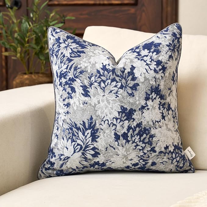 Yangest Neutral Floral Pillow Cover 20 x 20 Inches, Vintage Chenille Square Throw Pillow Cover Soft Decorative Farmhouse Accent Couch Pillow Cover for Living Room Bedroom, Blue