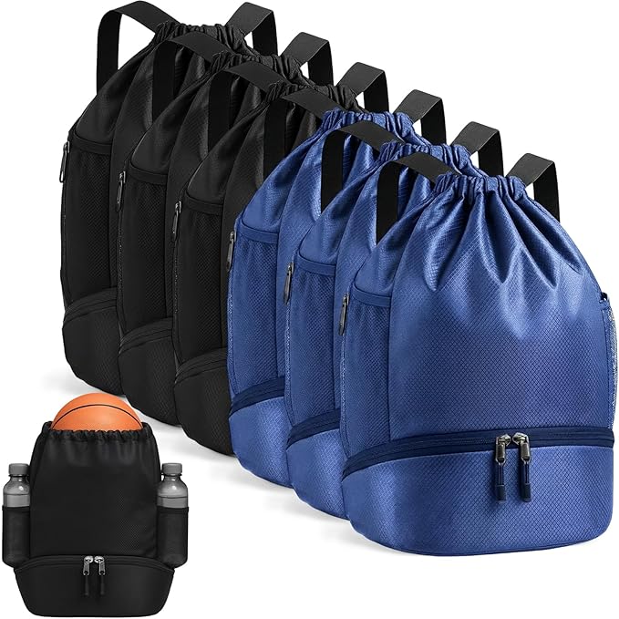 6 Pack Gym Drawstring Backpack Bags Bulk with Shoe Compartment for Sports Wet Proof Pocket for Men Women Large(Blue, Black)