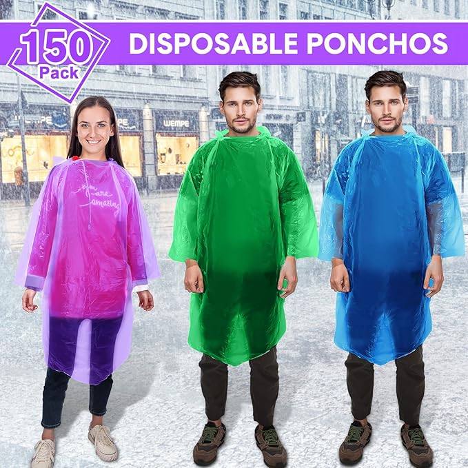 Pasimy 150 Pcs Disposable Rain Ponchos Bulk for Adults Emergency Ponchos with Hood for Man Women Travelling Camping Hiking