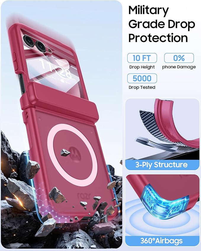 Magnetic for Motorola Razr Ultra 2026/2025 Case,Hinge Protection, Screen Protector, Compatible with MagSafe, Translucent Frosted, Shockproof Slim Cover for Razr Ultra 2026/2025-Rose Red