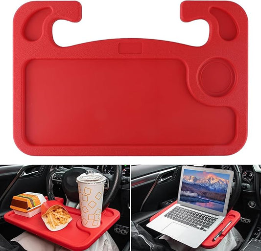 JUSTTOP Car Steering Wheel Desk, Red (ABS, Rectangular), Multipurpose Travel Tray for Eating, Laptop, Tablet, iPad, Cup Holder, Compatible with Most Cars
