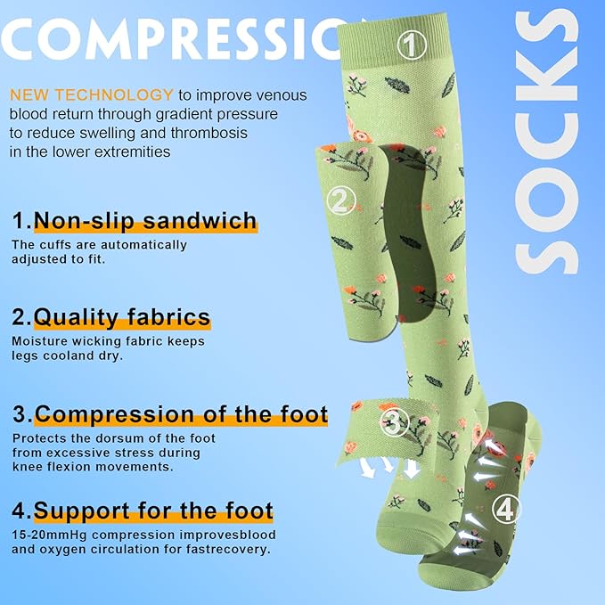 cerpite Compression Socks for Women & Men 6 Pairs Knee High Compression Socks 20-30 mmhg Best for Running,Nurse,Travel