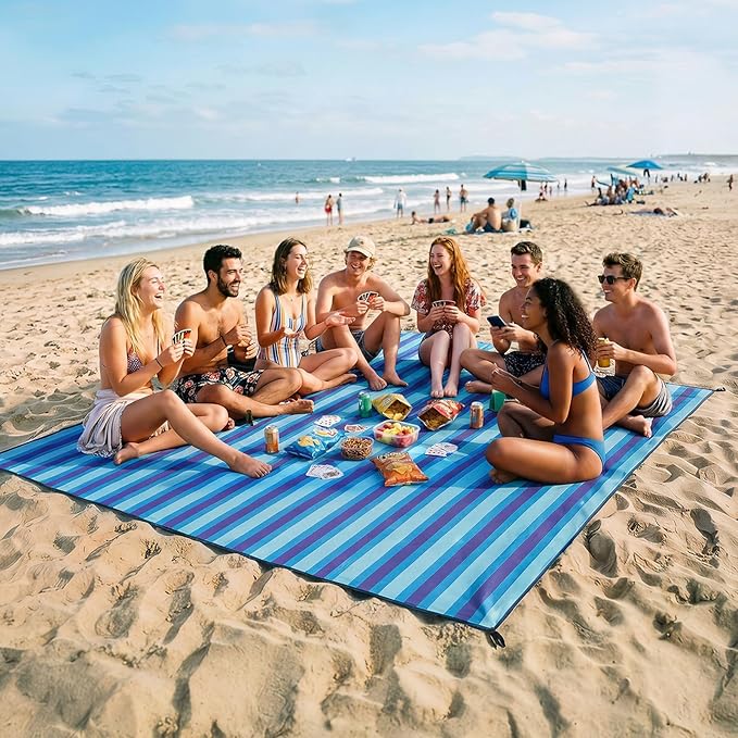 OIGAE Oversized Beach Blanket, 9×10 ft Sand-Free Outdoor Mat for Groups, Quick-Dry Picnic Blanket with Stakes & Corner Pockets, Blue Stripe