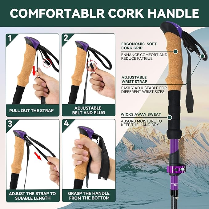 Carbon Fiber Trekking Poles - Lightweight Collapsible Hiking Poles, 2 PCS Nordic Hiking Sticks for Travel, Backpacking Walking Sticks for Men, Women, Seniors with Cork Grip & Quick-Lock System
