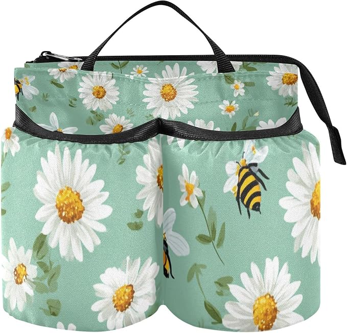 Luggage Cup Holder for Suitcases Free Hands Suitcase Cup Holder Travel Luggage Drink Holder Portable Luggage Cup Caddy Bag Carrier with Handle Mint Green Daisy Flowers and Bees